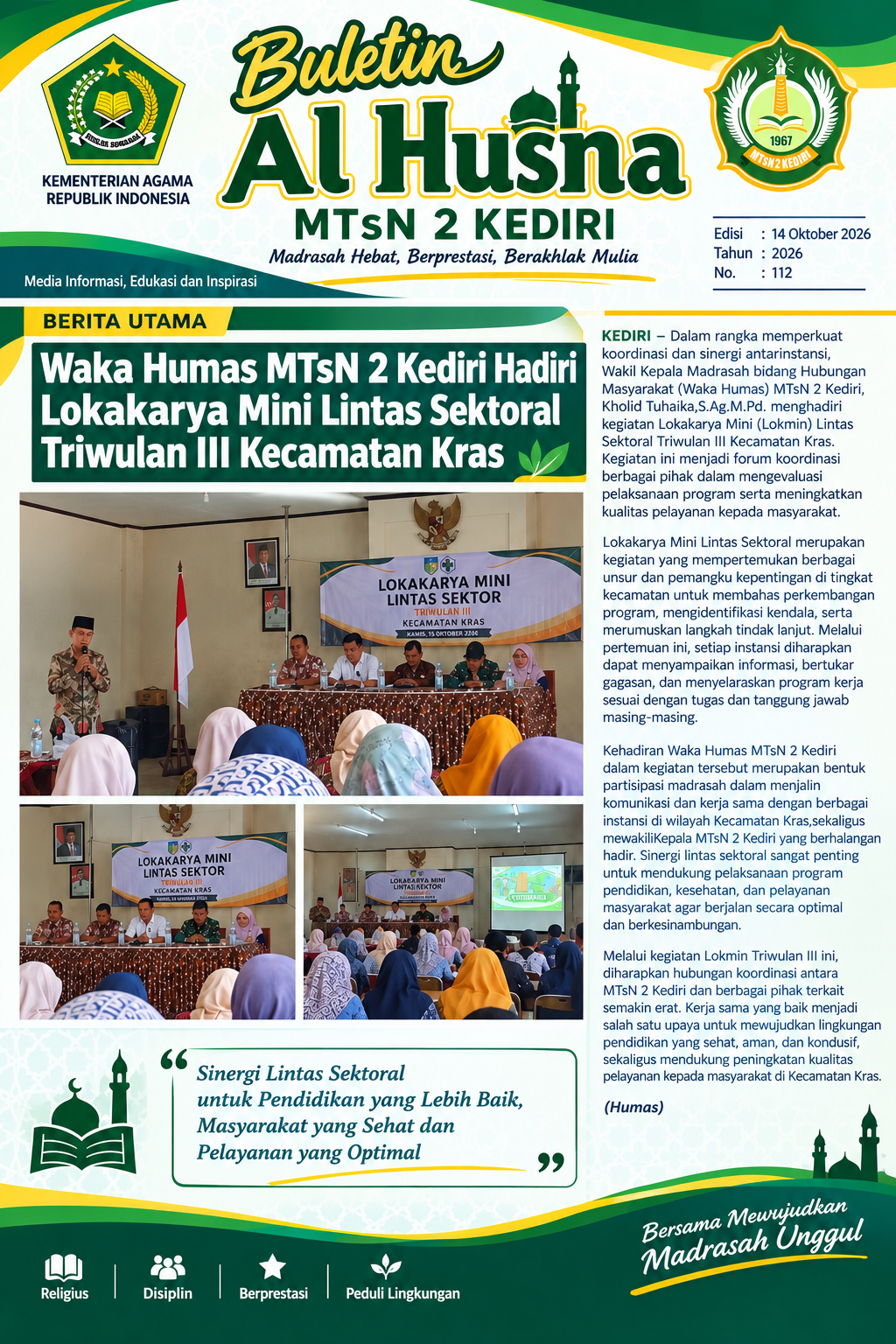 Waka Humas MTsN 2 Kediri Hadiri Lokakarya Mini Lintas Sektoral Triwulan III Kecamatan Kras